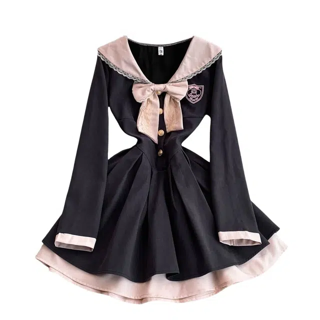 桴生 纯欲甜美短裙女秋冬收腰显瘦撞色拼接学院风海军领蝴蝶结长袖连衣裙 女款 黑色