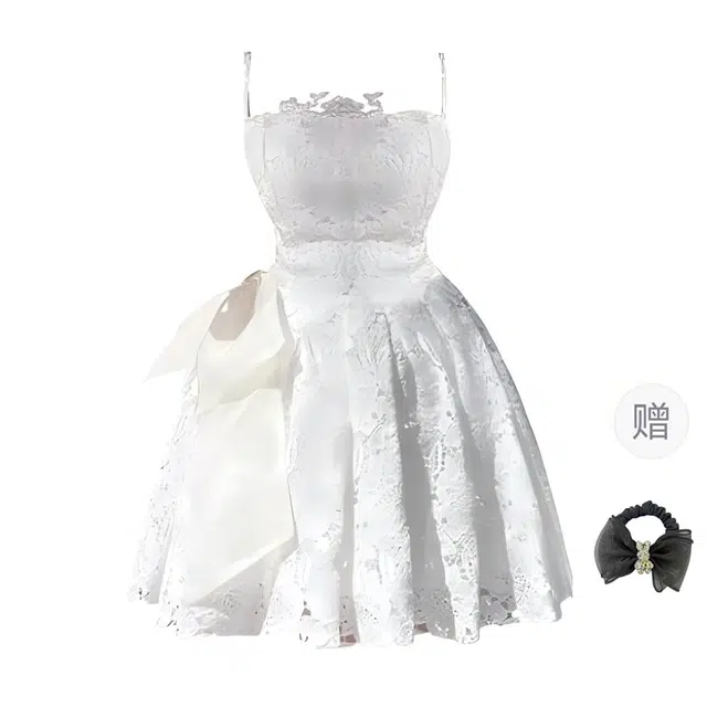 雾闪闪 古典芭蕾白色蕾丝抹胸收腰礼服吊带连衣裙 女款