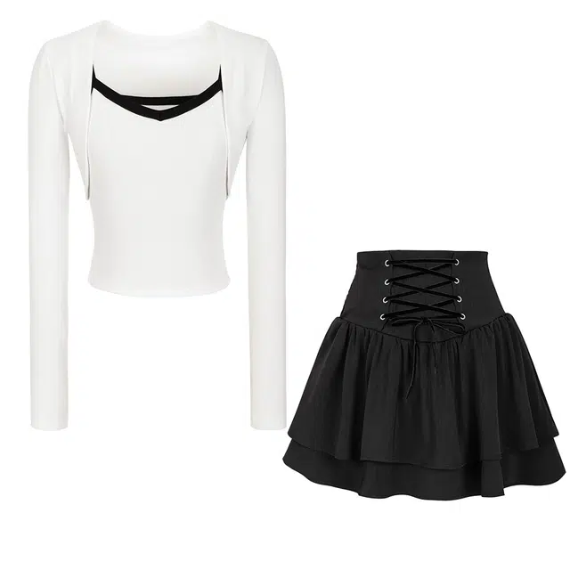 九条喵 纯色开衫拼色吊带高腰绑带设计休闲短裙裙装套装 女款