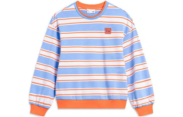 李宁儿童 童装 运动潮流系列 满印条纹圆领套头宽松卫衣 女童 花青蓝彩条