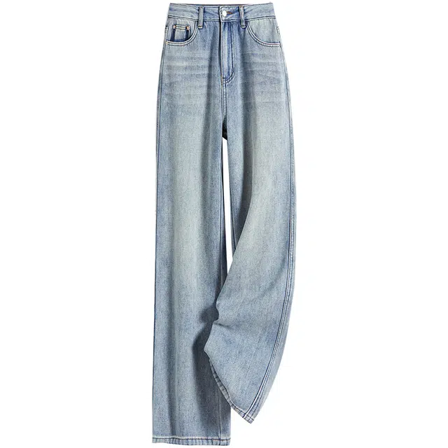 她池 加绒加厚时尚水洗多口袋设计保暖直筒长裤牛仔裤 女款 浅蓝色