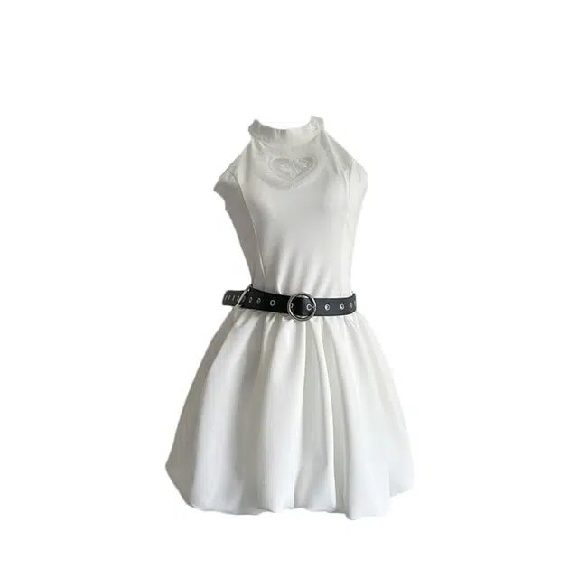 敲模女孩 纯欲风爱心镂空蕾丝拼接收腰无袖连衣裙 女款 白色