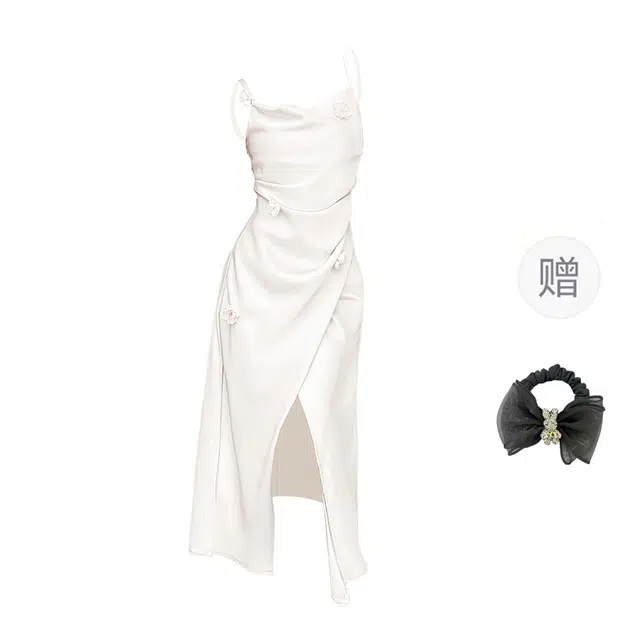 雾闪闪 氛围感气质荡领花朵裙高级优雅气质吊带连衣裙 女款