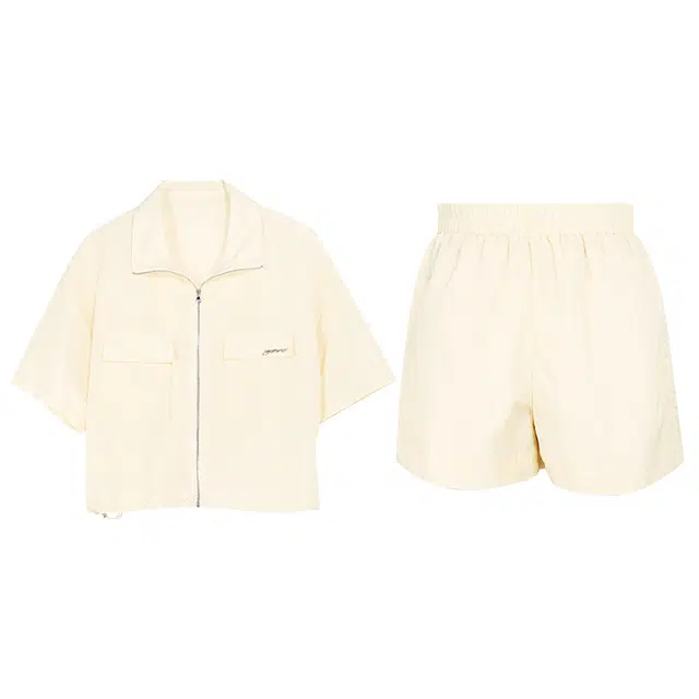 三彩独醒 工装风套装翻领开衫外套高腰短裤 女款 米白色