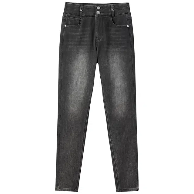 太平鸟 高腰温暖丹宁修身加绒紧身小脚牛仔裤 女款