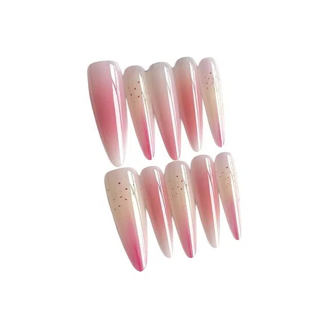 计轩 手工晕染粉色印花  穿戴甲 长款粉白渐变 猫眼