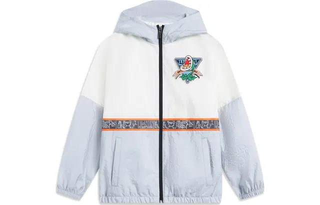 李宁儿童 童装 运动潮流系列 撞色卡通印花连帽夹克 男童 曙灰色乳白色