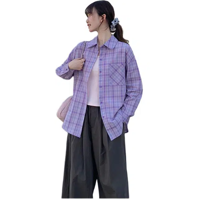 沐晓欣 休闲穿搭防晒紫色格子薄款宽松百搭休闲长袖衬衫 女款