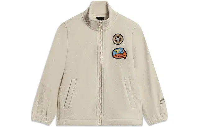 李宁儿童 运动生活系列 图案印花立领抓绒夹克外套 儿童款 雾卡其