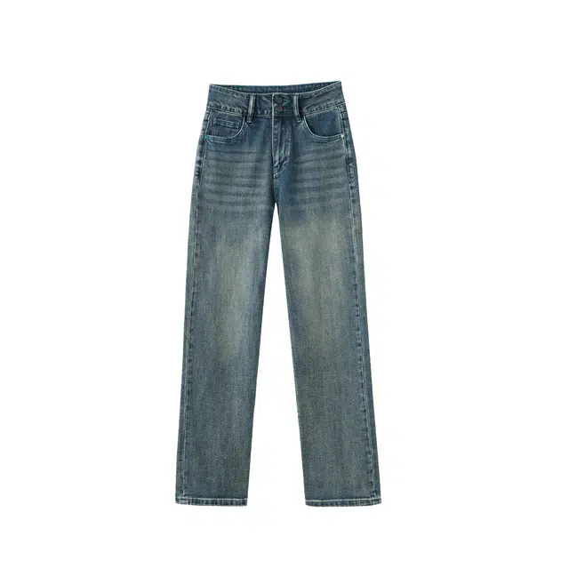 花栗鼠小姐 硬核直筒裤 日常时髦百搭高级感高腰两粒扣设计感贴标水洗做旧收腰收胯修身窄腿牛仔裤 女款