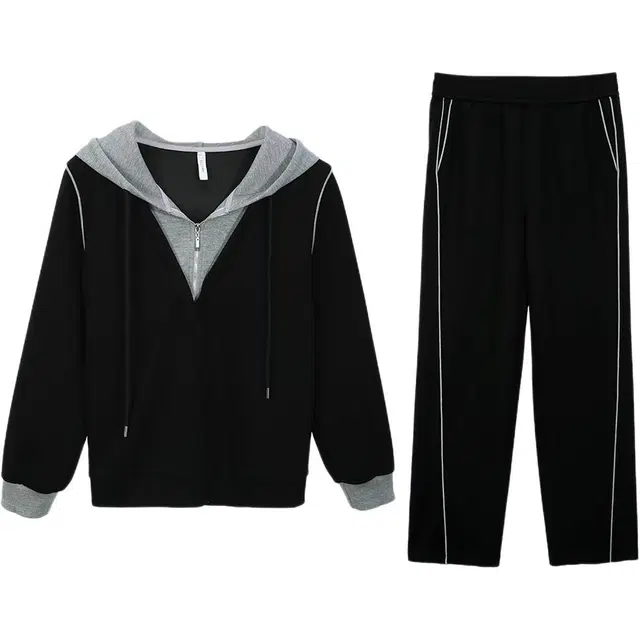 纤莉秀 时尚个性连帽长袖休闲套装 女款 黑色