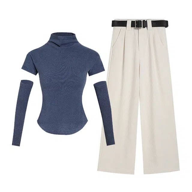 冰淇淋与鲸 基础款宽松纯色垂感拖地裤直筒半高领休闲套装 女款