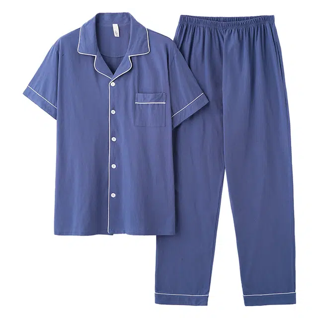 好福份 薄款短袖纯色柔软亲肤休闲长裤可外穿家居服睡衣套装 男款