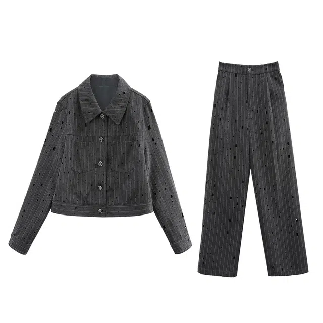 苏醒的乐园 时尚宽松条纹不规则镂空长袖外套高腰直筒长裤休闲套装 女款 灰色