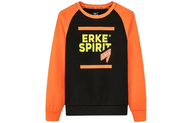 鸿星尔克 童装 拼色图案字母印花圆领长袖卫衣 男童 橘色