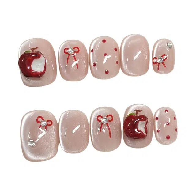 计轩 粉苹果立体平果手工捏捏手绘  穿戴甲 方型裸粉色渐变 可爱