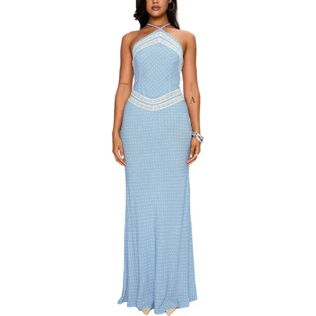 PRINCESS POLLY WILD JOY HALTER MAXI DRESS BLUE POLKA