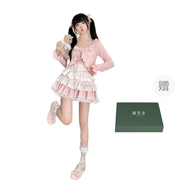 御茶家 猫猫恋曲 纯欲少女蕾丝花边吊带蛋糕裙外搭长袖裙装套装 女款 三件套