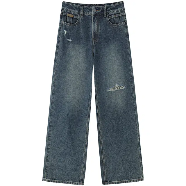 太平鸟 复古高腰水洗阔腿破洞直筒牛仔裤 女款 灰蓝
