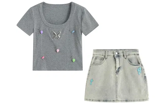 九条喵 圆领套头短袖上衣中腰半身牛仔短裙裙装套装 女款