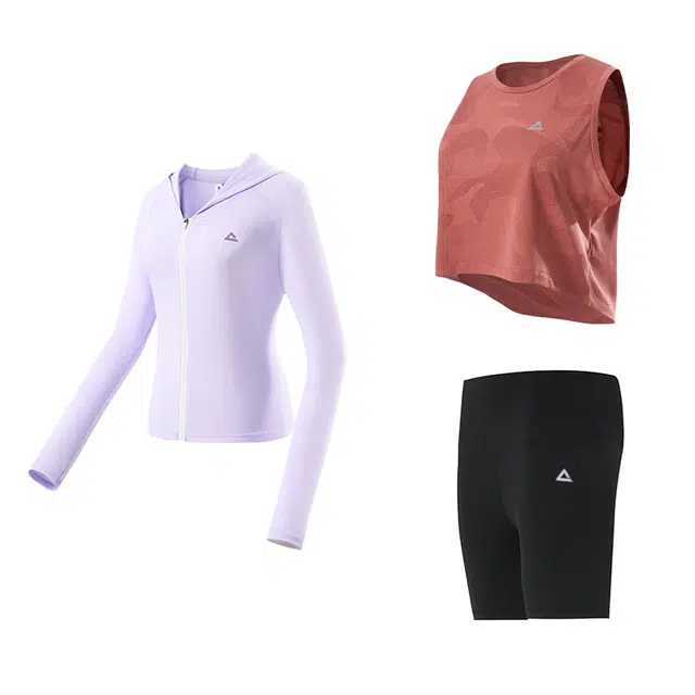 匹克 瑜伽服健身运动服套装 粉色背心三分打底裤三件套 女款 紫色外套