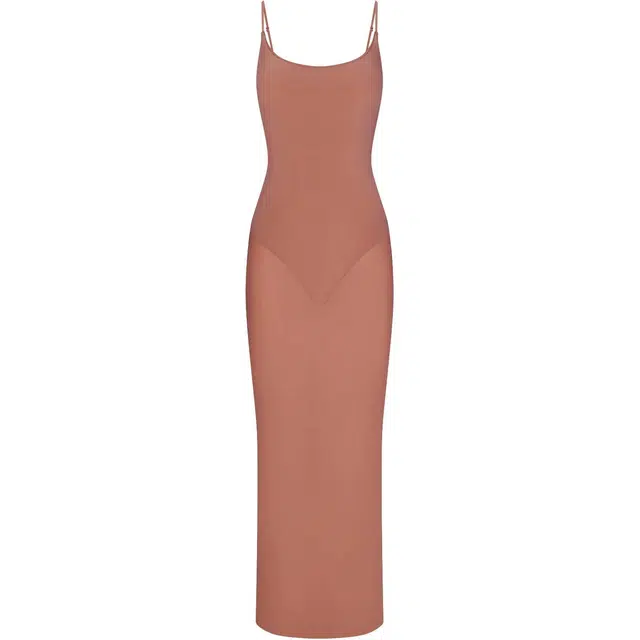 SKIMS MILKY SHEER LOW BACK LONG DRESS BRANDY