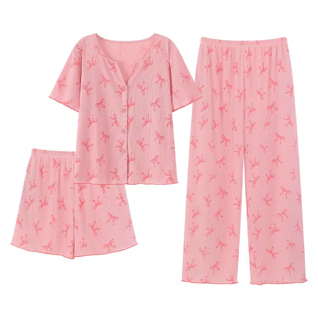 好福份 短袖蝴蝶结满印甜美休闲可外穿家居服睡衣套装 女款