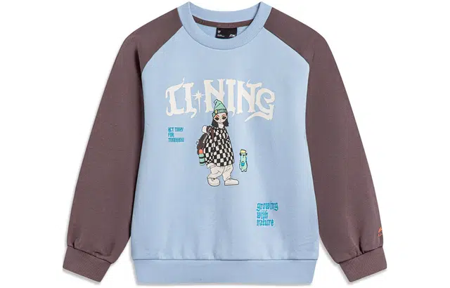 李宁儿童 运动生活系列 卡通人物字母撞色圆领套头卫衣 儿童款 净空蓝胡椒褐