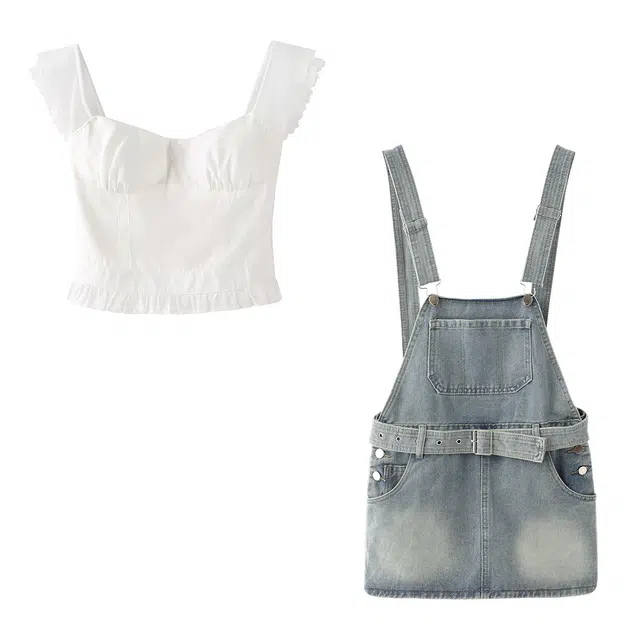 花栗鼠小姐 港风甜美小清新小飞袖拼接蕾丝花边带胸垫做旧水洗牛仔收腰包臀减龄牛仔背带裙裤休闲套装 女款
