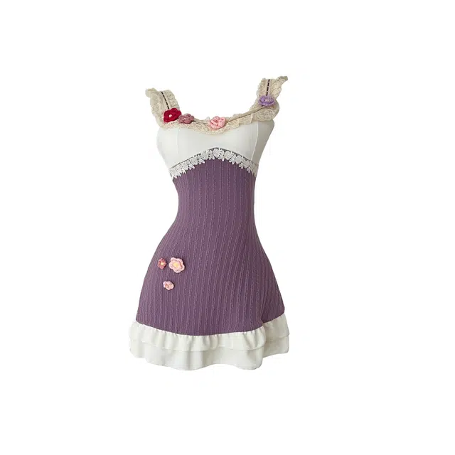 敲模女孩 纯欲甜美风修身针织短款设计感拼接立体花朵吊带连衣裙 女款 紫色