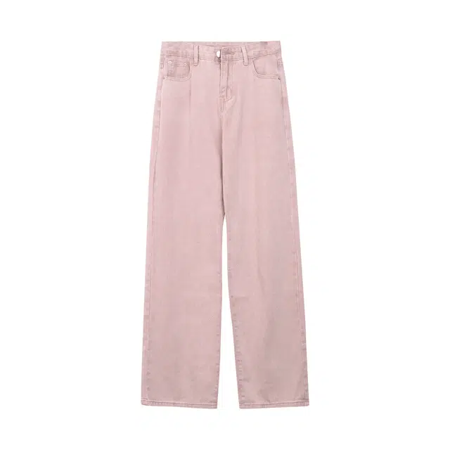 麓蔓蒂 多巴胺色系辣妹基础款纯色拖地垂感阔腿直筒学院风牛仔裤 女款 粉色