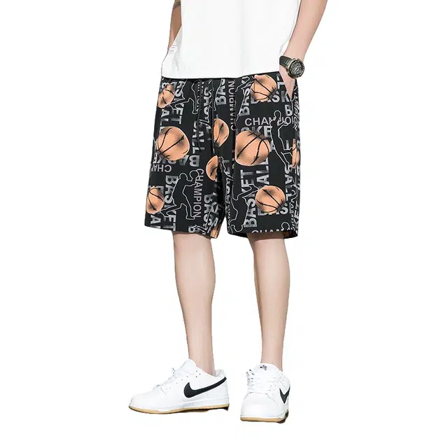 加荣 薄款速干冰丝裤潮流百搭凉感夏威夷风沙滩裤印花大码宽松直筒夏日户外设计感运动五分裤休闲短裤 男女同款