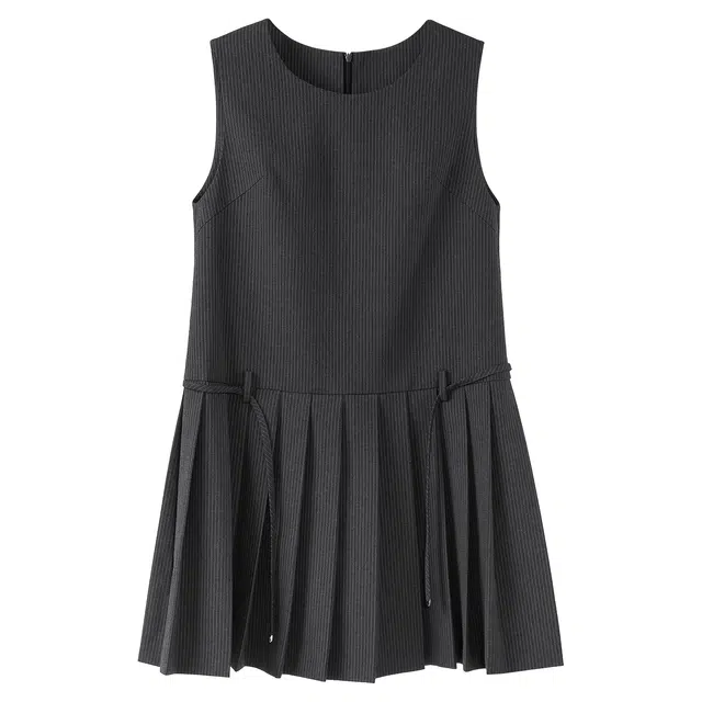 法儿家 弘大校花韩系学院风直筒收腰减龄百褶无袖连衣裙 女款 灰色条纹