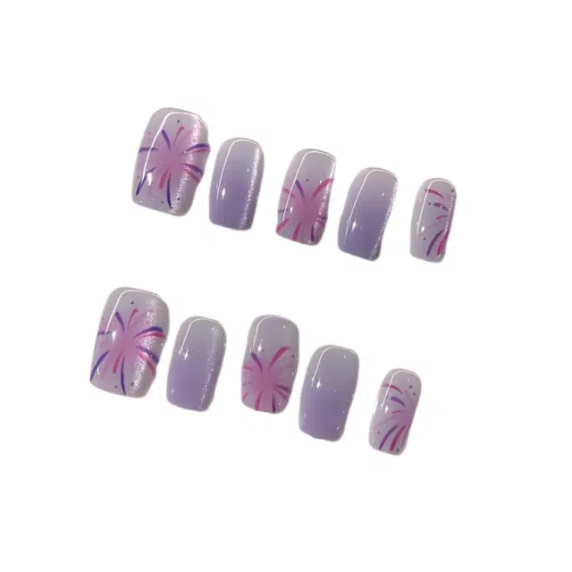 计轩 烟花猫眼手绘  穿戴甲 短款紫色晕染 可爱