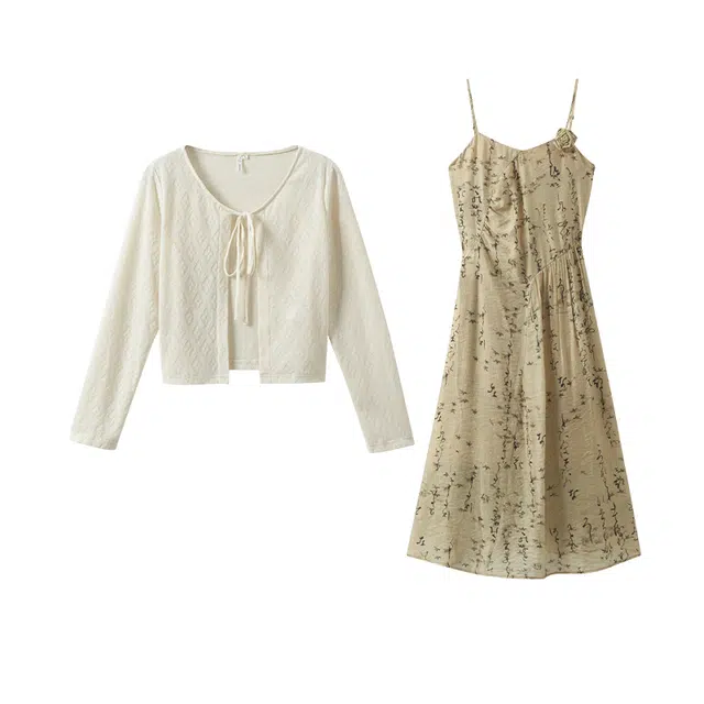 茵曼 纯色简约合身上衣中长款高腰吊带连衣裙裙装套装 女款 浅卡其