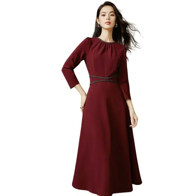 晚白 收腰设计简约圆领有弹力大摆长裙连衣裙 女款 酒红色