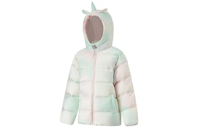 李宁儿童 童装 运动生活系列 渐变拉链连帽羽绒服 女童 独角兽梦幻满印
