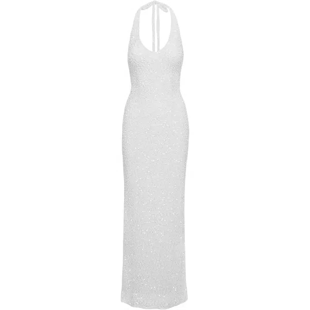 PRINCESS POLLY MOON AND BACK BOUCLE SEQUIN MAXI DRESS WHITE