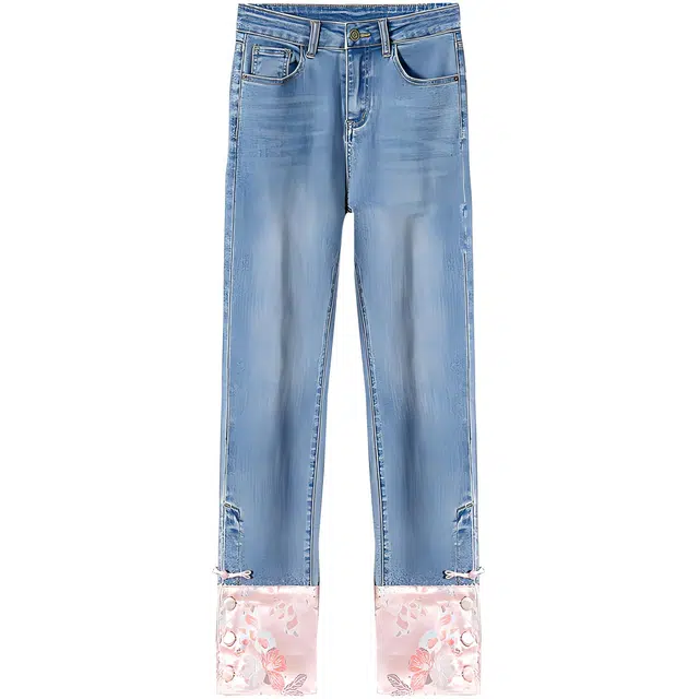 她池 国风新中式提花高腰九分裤牛仔裤 女款 浅蓝色