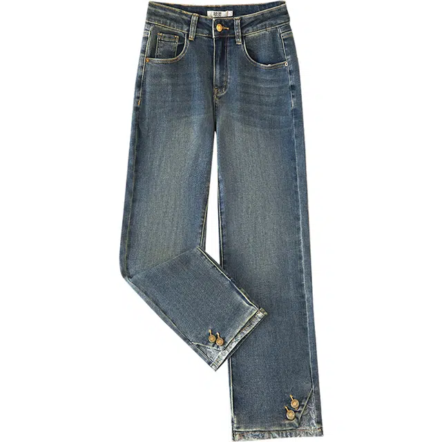 她池 水洗设计感高腰九分直筒裤牛仔裤 女款 复古深蓝