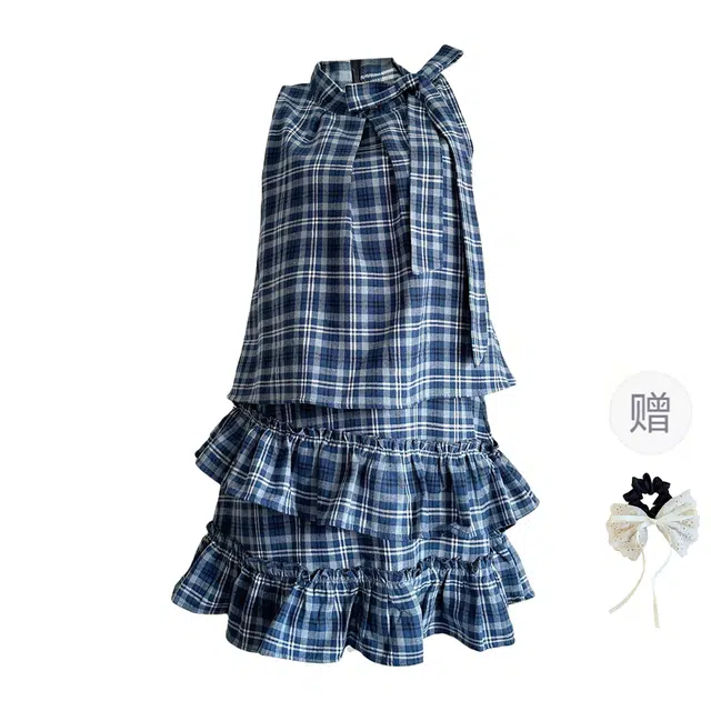 涂诗菲 学院风格纹宽松显瘦露肩荷叶边蛋糕挂脖系带短裙无袖连衣裙 女款 蓝色