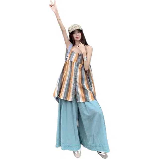 哒头下雨不愁 复古中长款宽松衬衫条纹长裤两件套休闲套装 女款