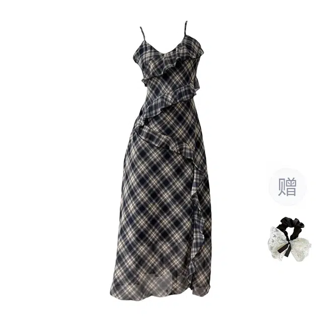 涂诗菲 法式复古格纹不规则荷叶边飘逸感收腰显瘦吊带连衣裙 女款 藏青色