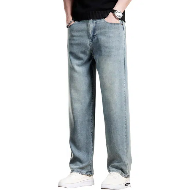 贵色 薄款透气冰丝凉感水洗做旧阔腿直筒裤美式高端复古休闲垂感牛仔裤 男女同款