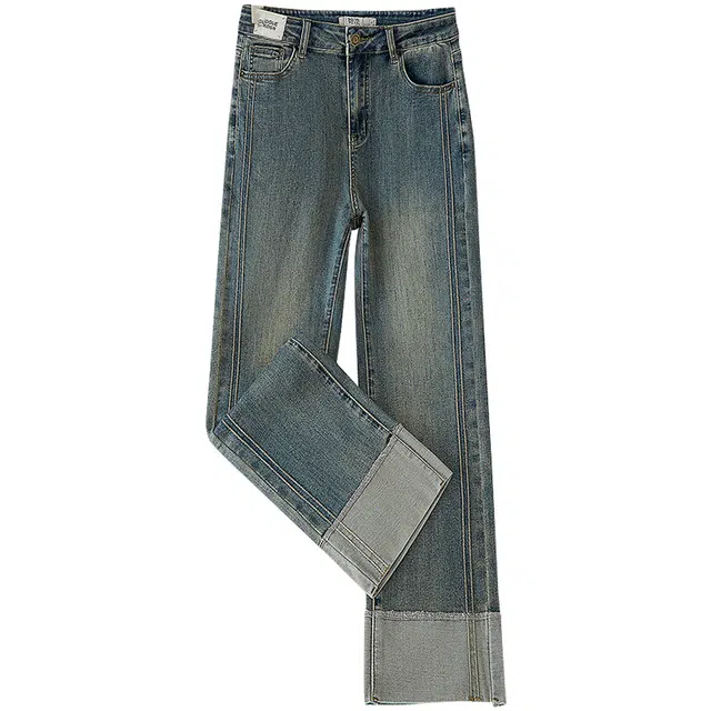 她池 翻边街头水洗磨白设计感宽松休闲牛仔裤 女款 复古蓝