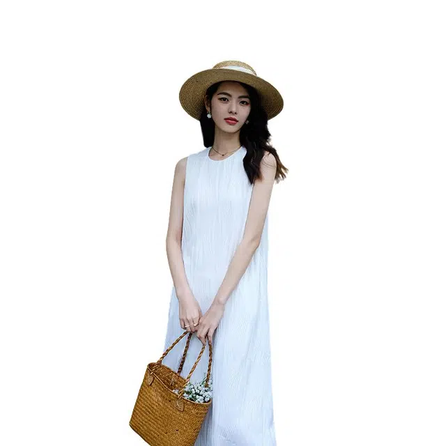 晚白 简约圆领肌理印花设计感纯色无袖连衣裙 女款 白色