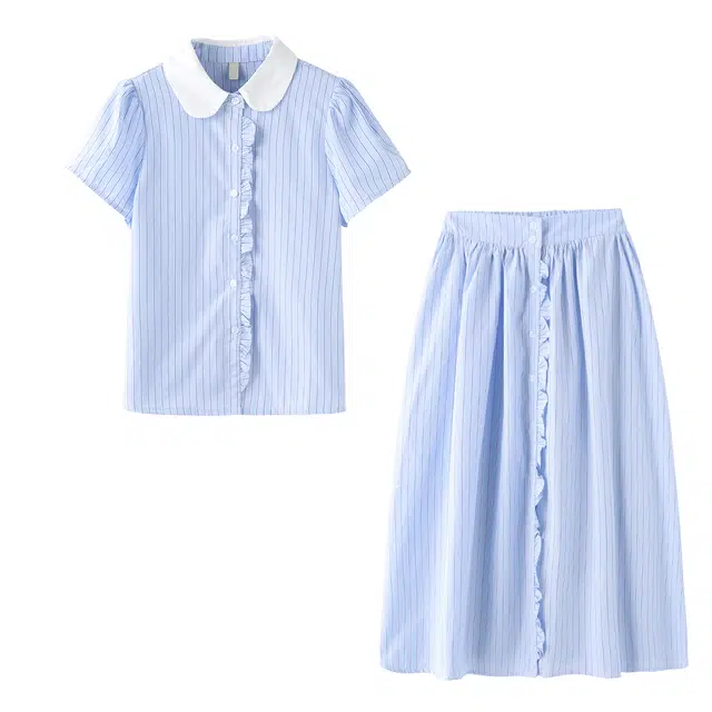 花栗鼠小姐 法式高级感小香风娃娃领上衣高腰宽松半裙两件套裙装套装 女款 时风蓝