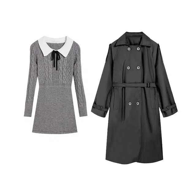 冰淇淋与鲸 学院风拼色蝴蝶结翻领针织长袖连衣裙纯色双排扣收腰风衣裙装套装 女款