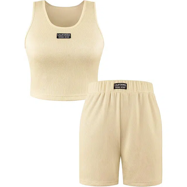 哒头下雨不愁 无袖背心远动上衣短裤纯色百搭休闲套装 女款 杏色