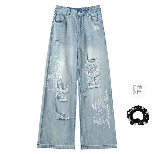 雾闪闪 美式辣妹慵懒松弛烫钻设计感蕾丝破洞阔腿裤高腰显瘦牛仔裤 女款